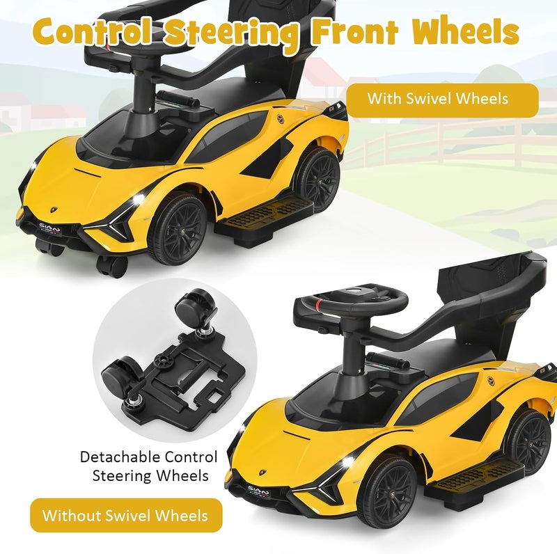 INFANS 3 in 1 Ride on Push Car, Licensed Lamborghini Baby Stroller Sliding Walking with Parent Control Handle, Music, Headlight, Under Seat Storage, Kids Foot-to-Floor Toy for 18-60 Months (Yellow) - Image 4